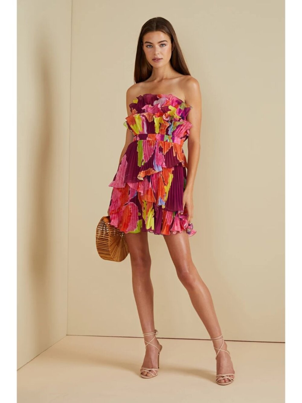 AMUR Massie Strapless Mini Dress Size 4 Purple Floral Pleated Ruffle A-Line - Picture 9 of 14